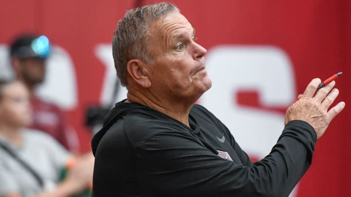 Arkansas Razorbacks coach Sam Pittman at practice Saturday on the indoor field in Fayetteville, Ark.