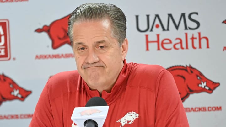 Arkansas Razorbacks John Calipari at his first press conference after being hired April 10 at Bud Walton Arena in Fayetteville, Ark.