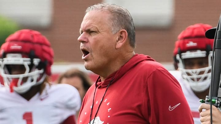 Arkansas Razorbacks coach Sam Pittman yells at offense during fall camp in Fayetteville, Ark.