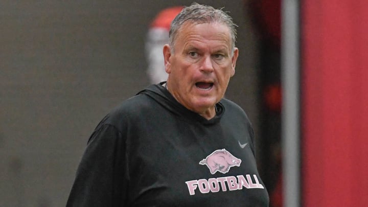 Arkansas Razorbacks coach Sam Pittman at practice on the indoor field in Fayetteville, Ark.