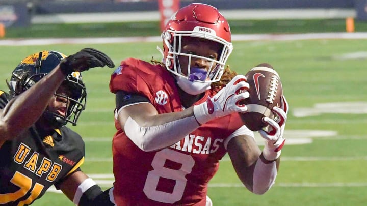 Arkansas Razorbacks tight end Ty Washington hauls in a pass in the end zone from Taylen Green in a 70-0 win over UAPB on Thursday night at War Memorial Stadium in Little Rock, Ark.