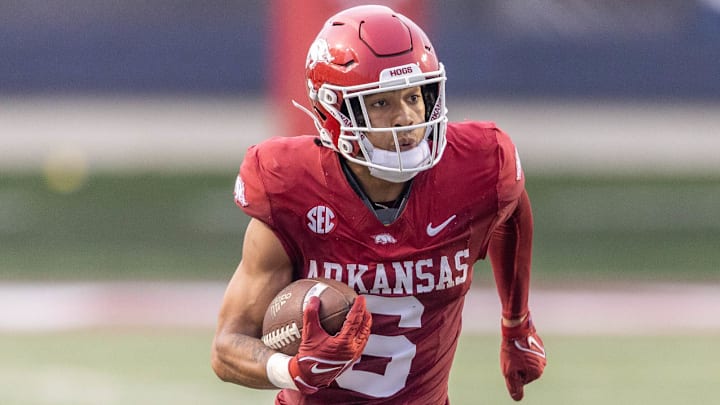 Arkansas Razorbacks' wide receiver Isaiah Sategna breaks free on a punt return against UAPB for a score that was called back due to a penalty.