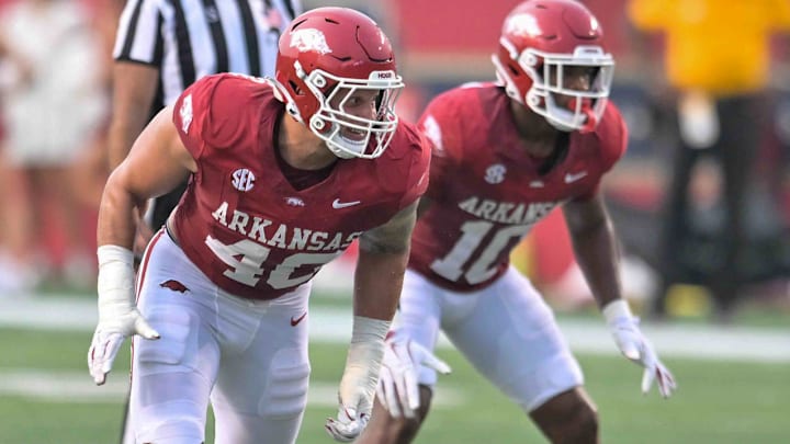 Arkansas Razorbacks defensive lineman Landon Jackson coming off the edge against UAPB in a game at War Memorial Stadium in Little Rock, Ark.