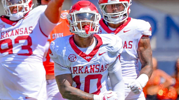 Arkansas Razorbacks linebacker Xavian Sorey celebrates after a play in a loss to Oklahoma State.