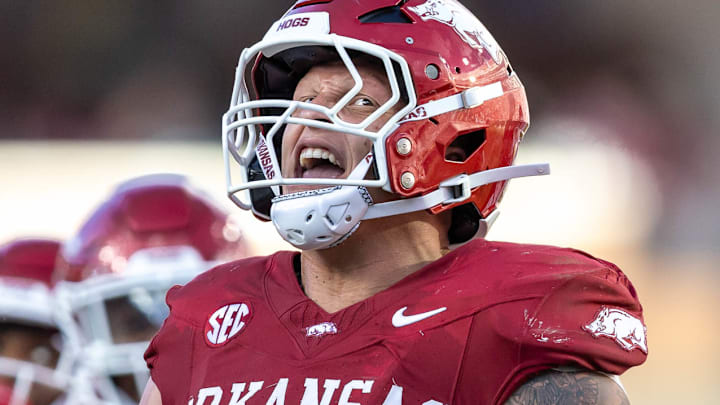 Arkansas Razorbacks defensive lineman Landon Jackson celebrates after a play against the UAB Blazers at Razorback Stadium in Fayetteville, Ark.