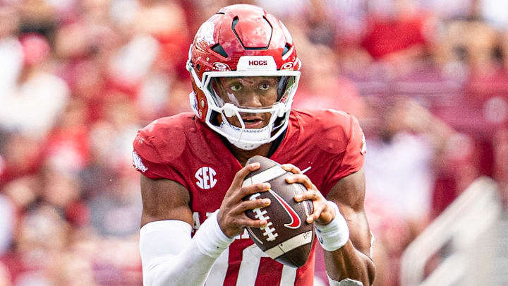 Arkansas Razorbacks quarterback Taylen Green looks upfield after taking a snap from center against the UAB Blazers at Razorback Stadium in Fayetteville, Ark.