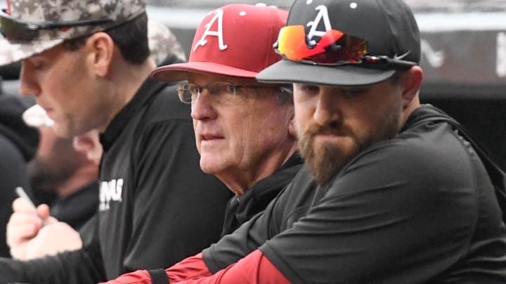 Arkansas Razorbacks coach Dave Van Horn during a practice in January 2024