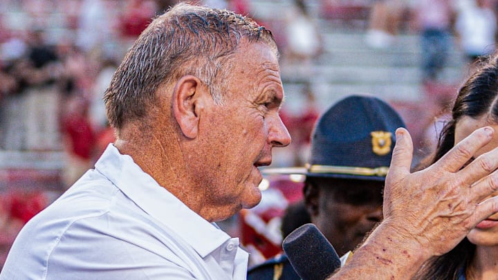 Arkansas Razorbacks coach Sam Pittman doing TV interview before halftime against the UAB Blazers at Razorback Stadium in Fayetteville, Ark.