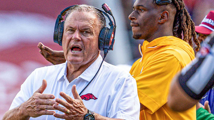 Arkansas Razorbacks coach Sam Pittman on the sidelines against UAB at Razorback Stadium in Fayetteville, Ark.