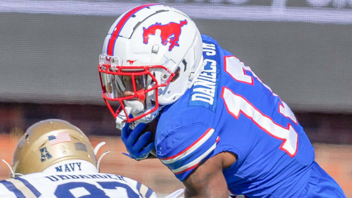 SMU Mustangs wide receiver Roderick Daniels Jr. turns upfield after making a catch against Navy on Nov. 25, 2023, at Ford Stadium in Dallas.