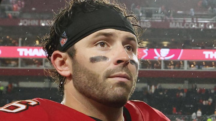 Jan 3, 2026; Tampa, Florida, USA; Tampa Bay Buccaneers quarterback Baker Mayfield (6) leaves the field after defeating the Carolina Panthers at Raymond James Stadium. Mandatory Credit: Nathan Ray Seebeck-Imagn Images