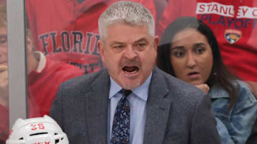Jan 16, 2025; Sunrise, Florida, USA; Detroit Red Wings head coach Todd McLellan reacts from the bench against the Florida Panthers during the second period at Amerant Bank Arena. Mandatory Credit: Sam Navarro-Imagn Images