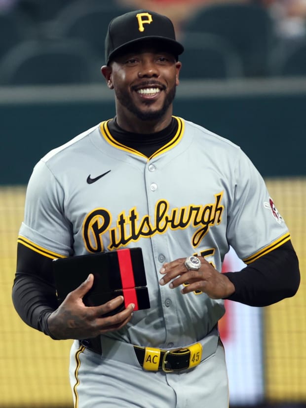 Aroldis Chapman received his Texas Rangers 2023 World Series ring before Monday's game at Globe Life Field.