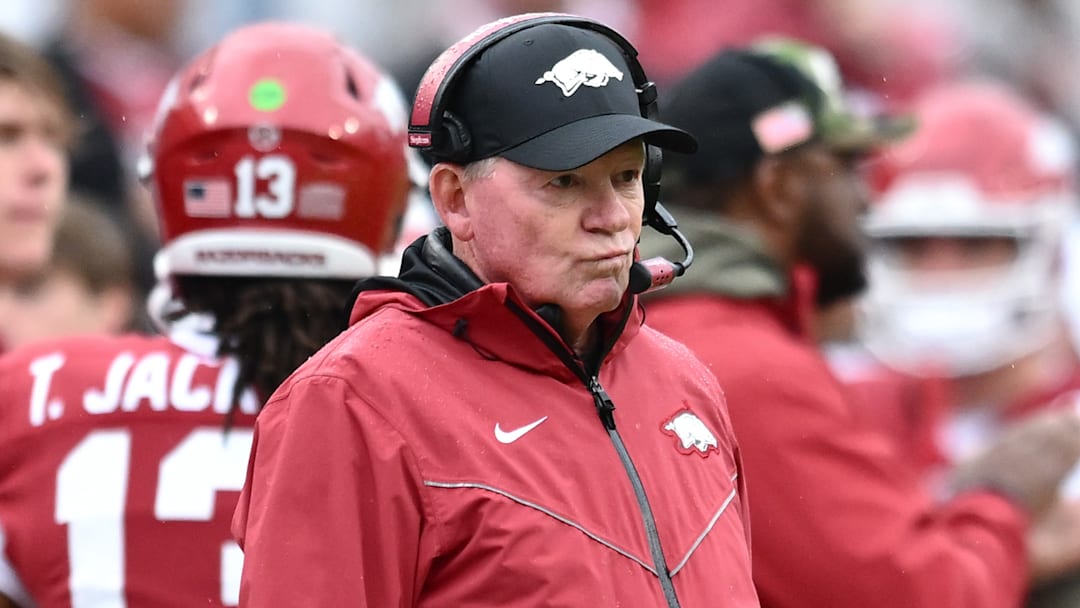 Arkansas Razorbacks interim coach Bobby Petrino on the sidelines against the Auburn Tigers at Razorback Stadium in Fayetteville, Ark.