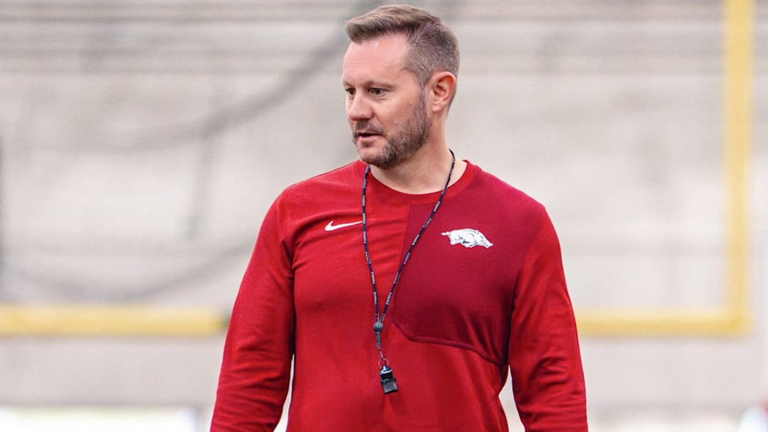 Arazorbacks coach Ryan Silverfield at first spring practice Thursday.