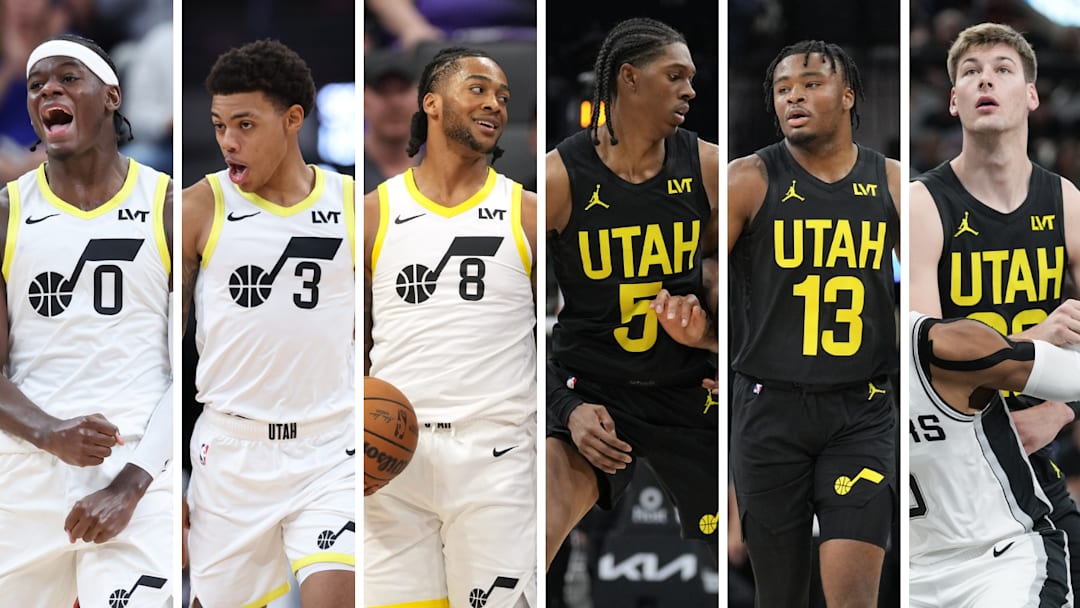 Utah Jazz players Taylor Hendricks, Keyonte George, Brice Sensabaugh, Cody Williams, Isaiah Collier, and Kyle Filipowski. 