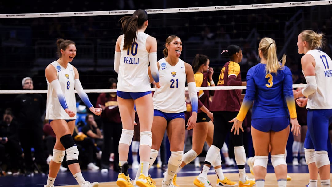 Pitt Volleyball Celebrates a Point in their Sweep of Minnesota in the Sweet 16 at the Petersen Events Center on Dec. 11, 2025
