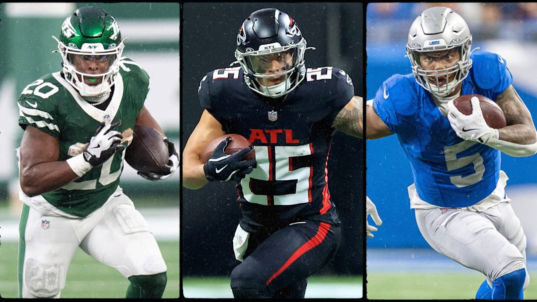 Breece Hall, Tyler Allgeier, and David Montgomery of the New York Jets, Atlanta Falcons, and Detroit Lions, respectively, run with the ball.
