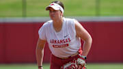 Arkansas Razorbacks first baseman Bri Ellis during practice before starting play in the Fayetteville Regional of the NCAA Tournament at Bogle Park in Fayetteville, Ark., on Friday against Saint Louis.