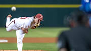 Arkansas Razorbacks pitcher Gabe Gaeckle delivers a pitch against the Creighton Bluejays in the NCAA Regional at Baum-Walker Stadium in Fayetteville, Ark.