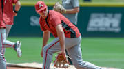 Arkansas Razorbacks third baseman Brent Iredale during practice Friday at Baum-Walker Stadium before the NCAA Super Regional against the Tennessee Volunteers.