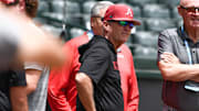 Arkansas Razorbacks coach Dave Van Horn visiting with national media at practice for the Super Regional against the Tennessee Volunteers at Baum-Walker Stadium in Fayetteville, Ark.