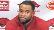 New Arkansas Razorbacks general manager Remy Cofield taking a question from reporters at first press conference Thursday at the Broyles Center in Fayetteville, Ark.