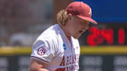 Arkansas Razorbacks pitcher Aiden Jiminez reacts after a strikeout in an NCAA game against North Dakota State at Baum-Walker Stadium in Fayetteville, Ark.