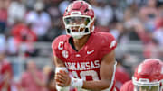 Arkansas Razorbacks quarterback Taylen Green looks over the Alabama A&M Bulldogs defense during game at Razorback Stadium in Fayetteville, Ark.