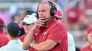 Arkansas Razorbacks coach Sam Pittman on the sidelines against the Alabama A&M Bulldogs at Razorback Stadium in Fayetteville, Ark.