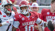 Arkansas Razorbacks linebacker Xavian Sorey returning an interceptions against the Arkansas State Red Wolves at War Memorial Stadium in Little Rock, Ark.