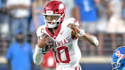 Arkansas Razorbacks quarterback Taylen Green scrambling against the Ole Miss Rebels at Vaught-Hemingway Stadium in Oxford, Miss.