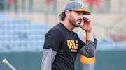 Tennessee Vols coach Tony Vitello during his team's practice session for a Super Regional against the Arkansas Razorbacks at Baum-Walker Stadium in Fayetteville, Ark.