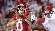 Arkansas Razorbacks quarterback Taylen Green throws a pass against the Texas A&M Aggies in a game at Razorback Stadium in Fayetteville, Ark.