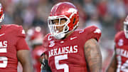 Arkansas Razorbacks defensive lineman Cam Ball during game with the Texas A&M Aggies at Razorback Stadium in Fayetteville, Ark.