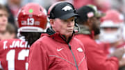 Arkansas Razorbacks interim coach Bobby Petrino on the sidelines against the Auburn Tigers at Razorback Stadium in Fayetteville, Ark.