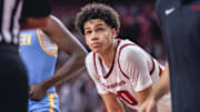Arkansas Razorbacks wing Isaiah Sealy lining up on the free-throw line against the Southern Jaguars in a game at Bud Walton Arena in Fayetteville, Ark.