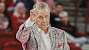 Arkansas Razorbacks coach John Calipari motions to players on the floor in game against Jackson State at Bud Walton Arena in Fayetteville, Ark.