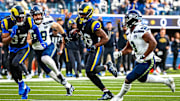 Los Angeles Rams safety Kamren Kinchens gets his first interception of the season off of Seattle Seahawks quarterback Sam Darnold and carries the ball down to the 3-yard line.