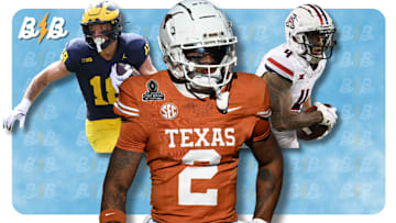 Texas WR Matthew Golden (center), Michigan tight end Colston Loveland (left), Arizona WR Tetairoa McMillan (right)
