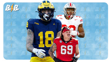 Michigan's Colston Loveland (left), Ohio State's TreVeyon Henderson (upper right), Ohio State's Tate Ratledge (lower right)