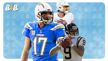 Philip Rivers (left), Justin Herbert (center), Drew Brees (right)
