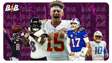 Bears' Caleb Williams (left), Ravens' Lamar Jackson (left-center), Chiefs' Patrick Mahomes (center), Bills' Josh Allen (right-center), Chargers' Justin Herbert (right)