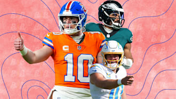 Denver Broncos QB Bo Nix, Philadelphia Eagles QB Jalen Hurts, and LA Chargers QB Justin Herbert