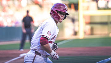 First baseman Cam Kozeal after hitting a homer against Central Arkansas. The Razorbacks won 9-2