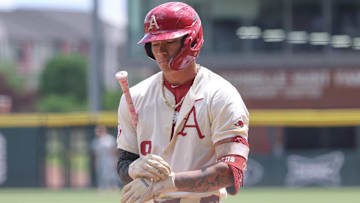 Arkansas Razorbacks shortstop Wehiwa Aloy at the plate against the Texas Longhorns at Baum-Walker Stadium in Fayetteville, Ark.