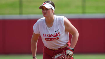 Arkansas Razorbacks first baseman Bri Ellis during practice before starting play in the Fayetteville Regional of the NCAA Tournament at Bogle Park in Fayetteville, Ark., on Friday against Saint Louis.