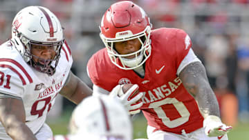 Arkansas Razorbacks running back Braylen Russell on a carry against the Alabama A&M Bulldogs at Razorback Stadium in Fayetteville, Ark.