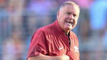 Arkansas Razorbacks coach Sam Pittman on the sidelines against the Ole Miss Rebels at Vaught-Hemingway Stadium in Oxford, Miss.