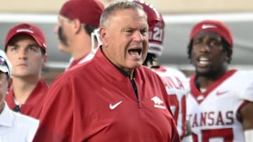 Arkansas Razorbacks coach Sam Pittman on the sidelines in a game against the Ole Miss Rebels at Vaught-Hemingway Stadium in Oxford, Miss.